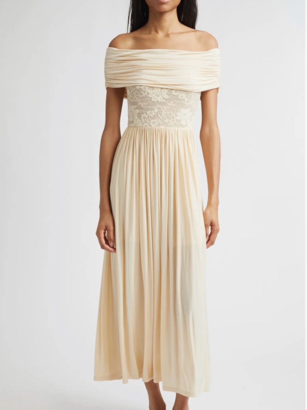 NWT $1850 Zimmermann Rebellion Lace Inset Off the Shoulder Draped Dress in Cream